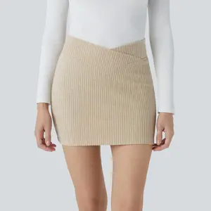 Halara Ribbed Knit Crossover High Waisted 2-in-1 Slim Mini Casual Skirt