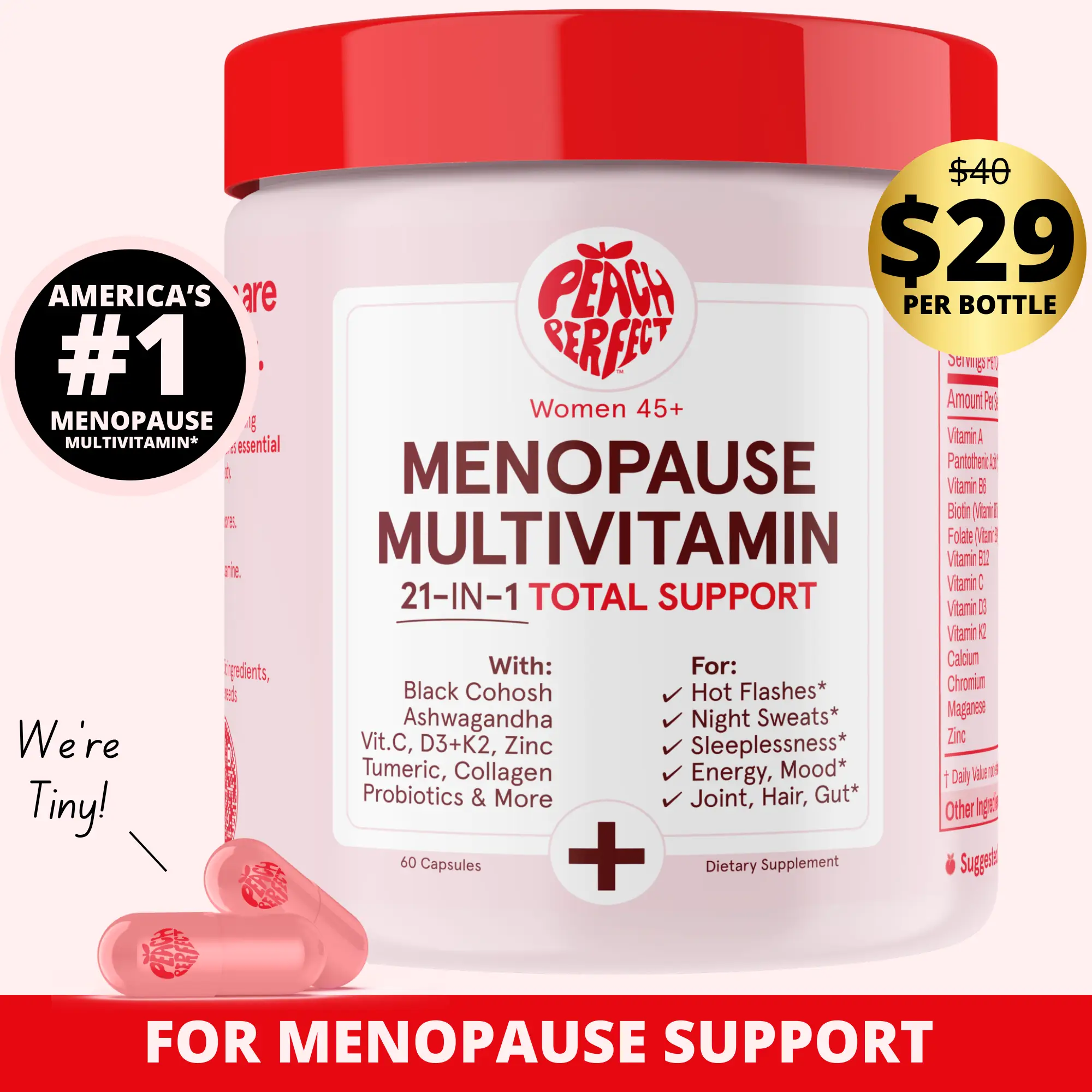 Peach Perfect Menopause Multivitamin - Capsules - 30 Servings - Black Cohosh, Ashwagandha, Vitamin C, D3+K2, Zinc, Tumeric, Collagen, Probiotics and M
