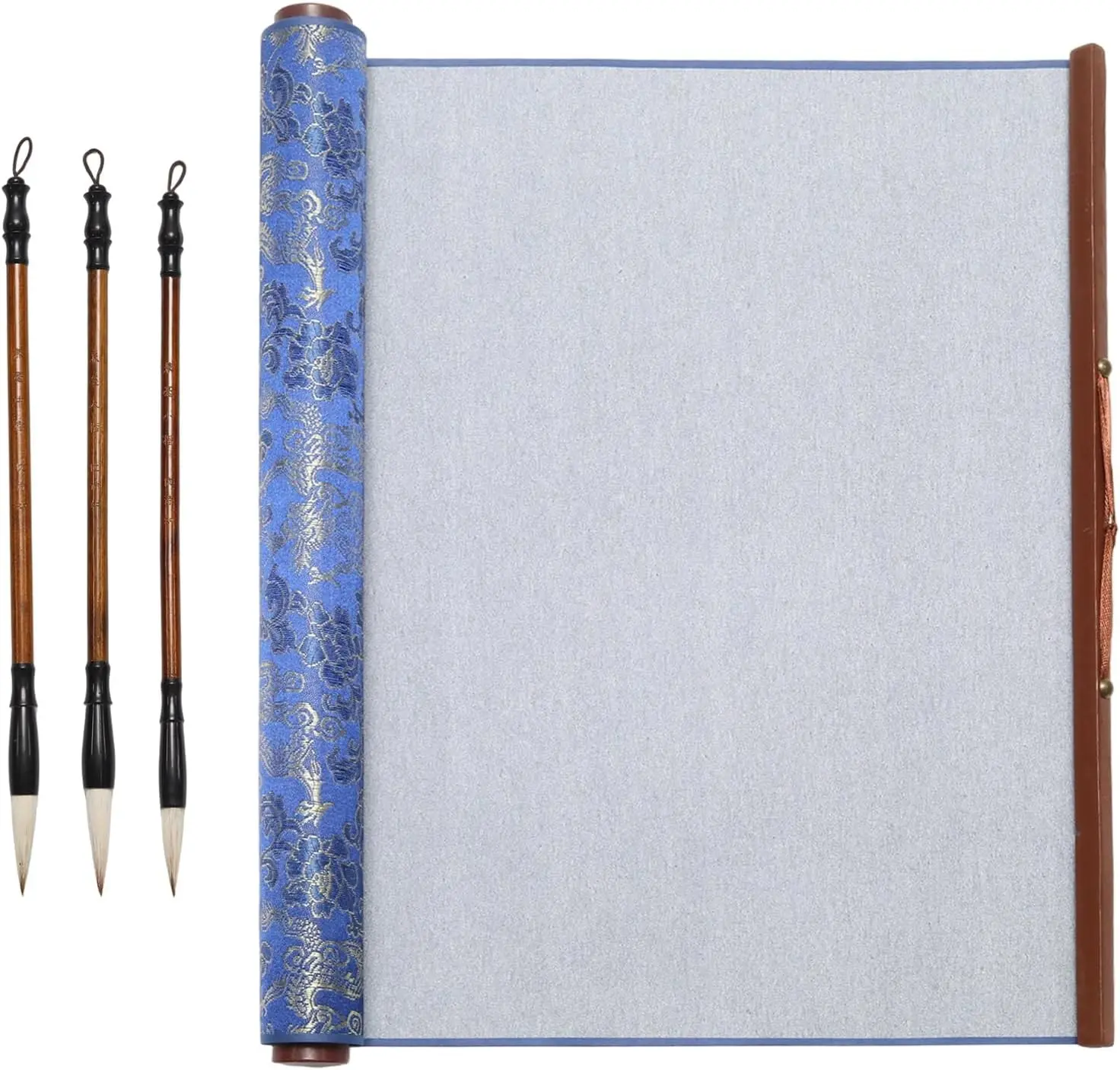 4 Pcs No Ink Chinese Calligraphy Practice Set Reusable Brocade Nonwoven Water Writing/Painting Cloth Scroll with 3 Traditional Calligraphy Writing Brush Pens, Blue