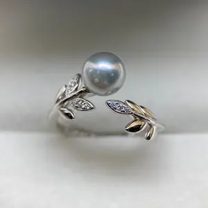 Cute Seawater Madama Blue Pearl Ring 6-7mm with Leaf Design and Diamond Accents for Women