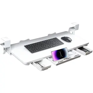 Under Desk Keyboard Tray with Drawer, 26.77" X 11.81" Large Size, C Clamp-on Mount, Easy to Install for Home Office (White)