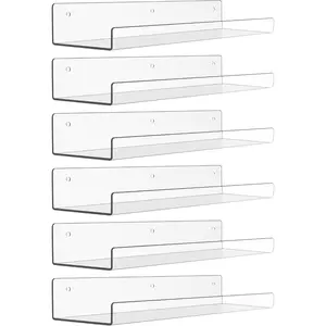 6 Pack Acrylic Shelves for Wall Storage, 15" x 4“ Floating Bookshelves For Kids, Display Shelf Organizer For Bathroom,Bedroom,Living Room,Kitchen, Room Decor, Clear