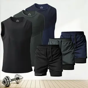 Men's quick-dry sports sleeveless vest and shorts set, featuring a simple sporty style made with quick-dry breathable fabric for sweat-wicking comfort, suitable for men's fitness training, outdoor running, and everyday casual sports activities.