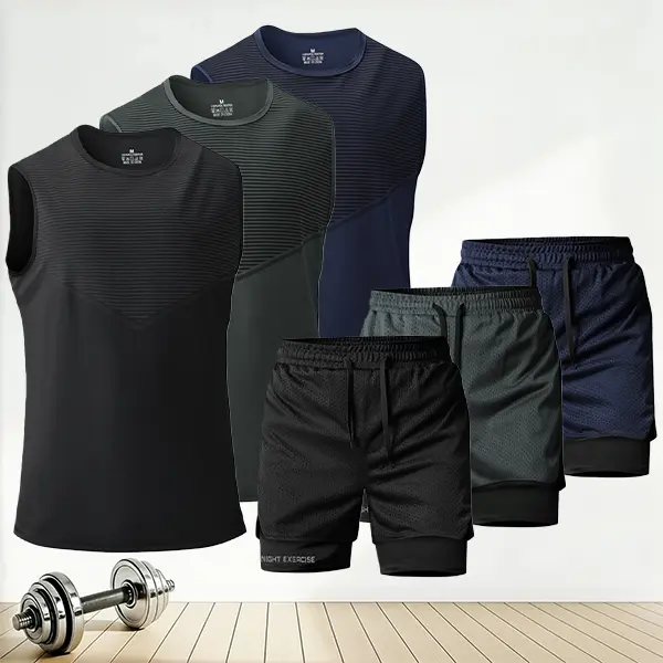 Men's quick-dry sports sleeveless vest and shorts set, featuring a simple sporty style made with quick-dry breathable fabric for sweat-wicking comfort, suitable for men's fitness training, outdoor running, and everyday casual sports activities.