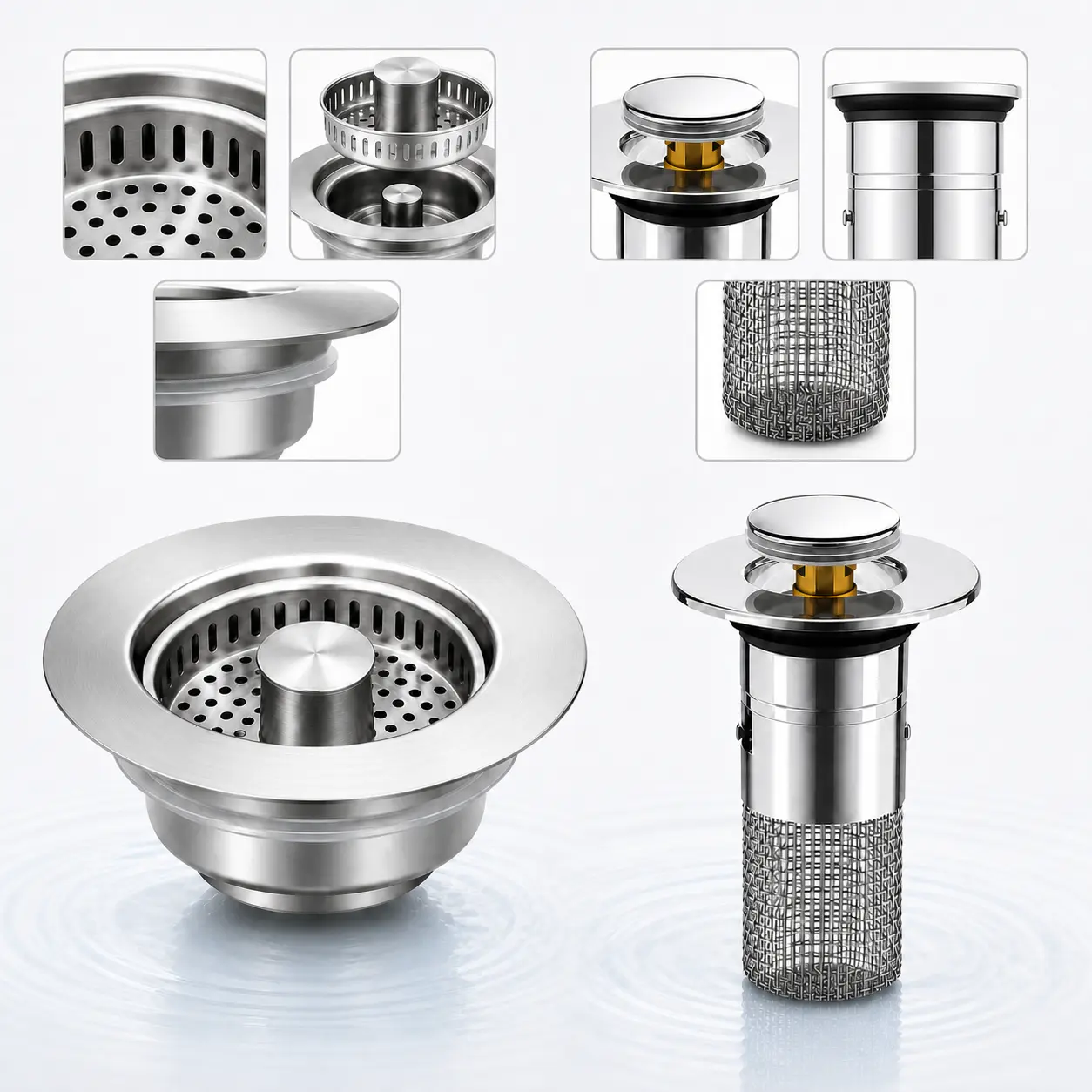 New Upgraded Bathroom Mesh Hair Catcher for 0.8-1.3 Inch Holes & 3-in-1 Kitchen Sink Drain Strainer Stainless Steel Sink Stopper Anti-Clogging Food Catcher Basket for US Standard 3 1/2 inch Drain pop up sink drain stopper