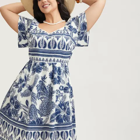 BloomChic Boho Print Fit Flare Pockets Mini Dress 【M-6XL】
