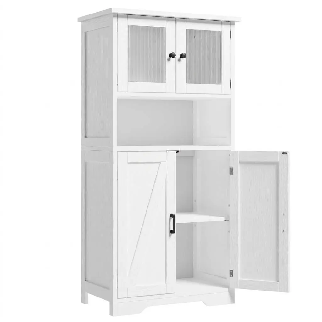 Modern Freestanding MDF Wood Bathroom Storage Cabinet - Slim Linen Cupboard with Glass Doors, Adjustable Shelves, Anti-Tip Design, Farmhouse Style - Multi-Use Storage Organization for Kitchen Pantry, Entryway (White, Gray, Brown)