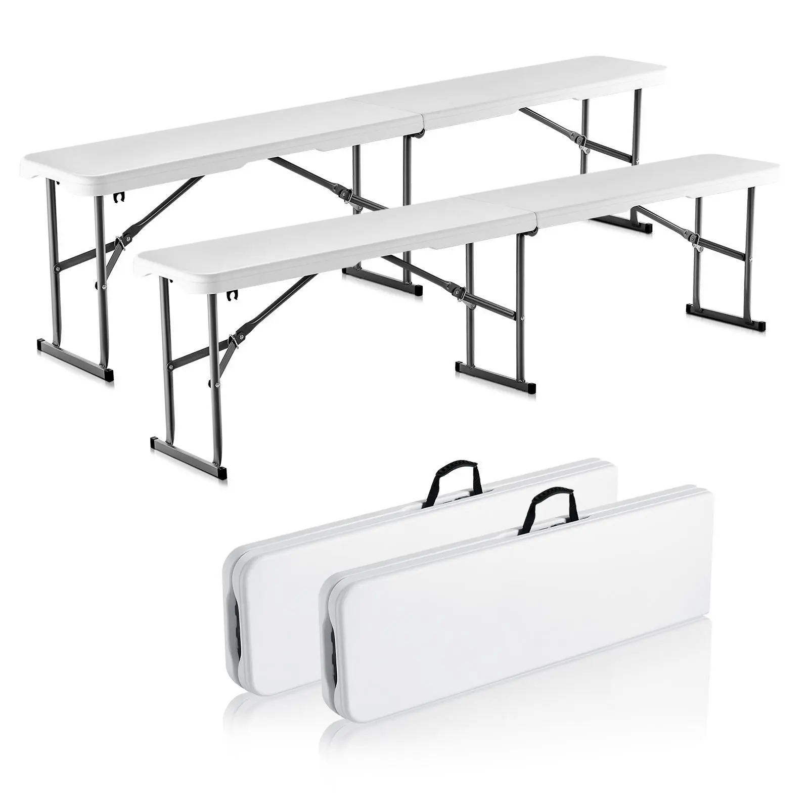 VEVOR 2-Pack Classic 6 FT Foldable 2-Seat Heavy Duty Plastic Benches, Lightweight HDPE Waterproof Iron Outdoor Patio Benches with Storage & Carrying Handle, for Garden Party, Camping