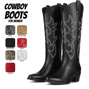 Cowboy Boots For Women Knee High Boot Pointed Toe Pull On Chunky Block Heel Vintage Embroidery Design Cowgirl Boots Gifts Work Party Concert Festival Dress Trendy Shoes