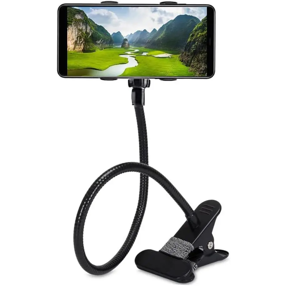 Selfdee 360-Degree Rotating Universal Silicone & Metal Protective Mobile Phone Holder - Lazy Bracket with Long Flexible Adjustable Arm Clip Mount for Bed, Desk, Bedframe (Black, Smartphone Compatible)