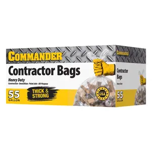 Commander 55 Gallon 3 MIL (eq) Clear Heavy Duty Contractor Bags with Flap Ties - 36" x 56" with flaps - Pack of 10 - For Contractor, Industrial, & Outdoor