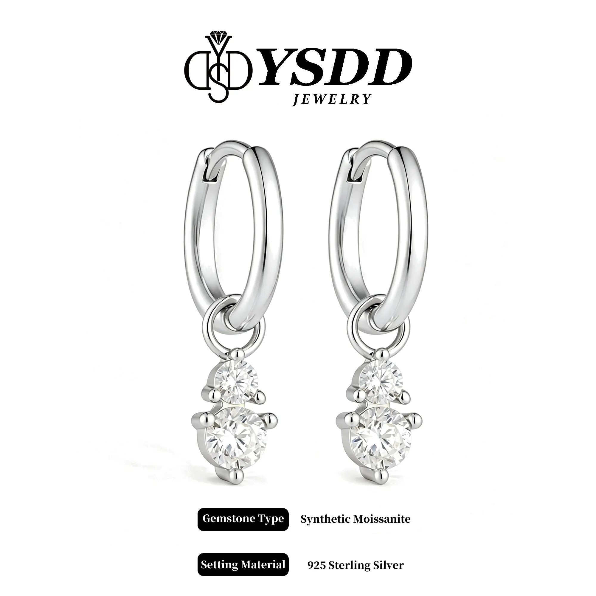 【#680 Classic】1.6CT Detachable Two in one Dangling Hoop Earring vvs Synthetic Moissanite Earrings in 925 Sterling Silver