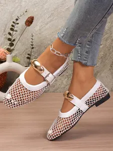 Summer Trendy Mesh Shoes, Women, Footwear, Vintage and Fashionable, Three Colors Available, Hollow Out Ballet Flats, Metal Buckle Decor, Comfortable and Breathable