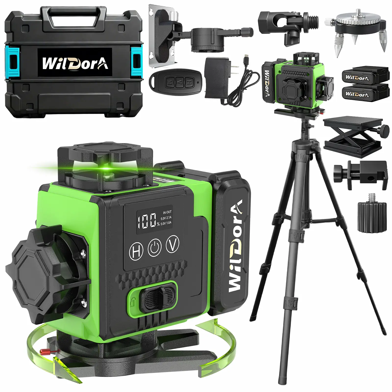 Laser Level Kit with Tripod, 4x360° Self Leveling ±4° Laser Level, Remote Control 4D Green 16 Line Laser Leveler Tool for Woodworking&Renovation, with 2x4800mAh Li-ion Batteries&Hard Carry Case