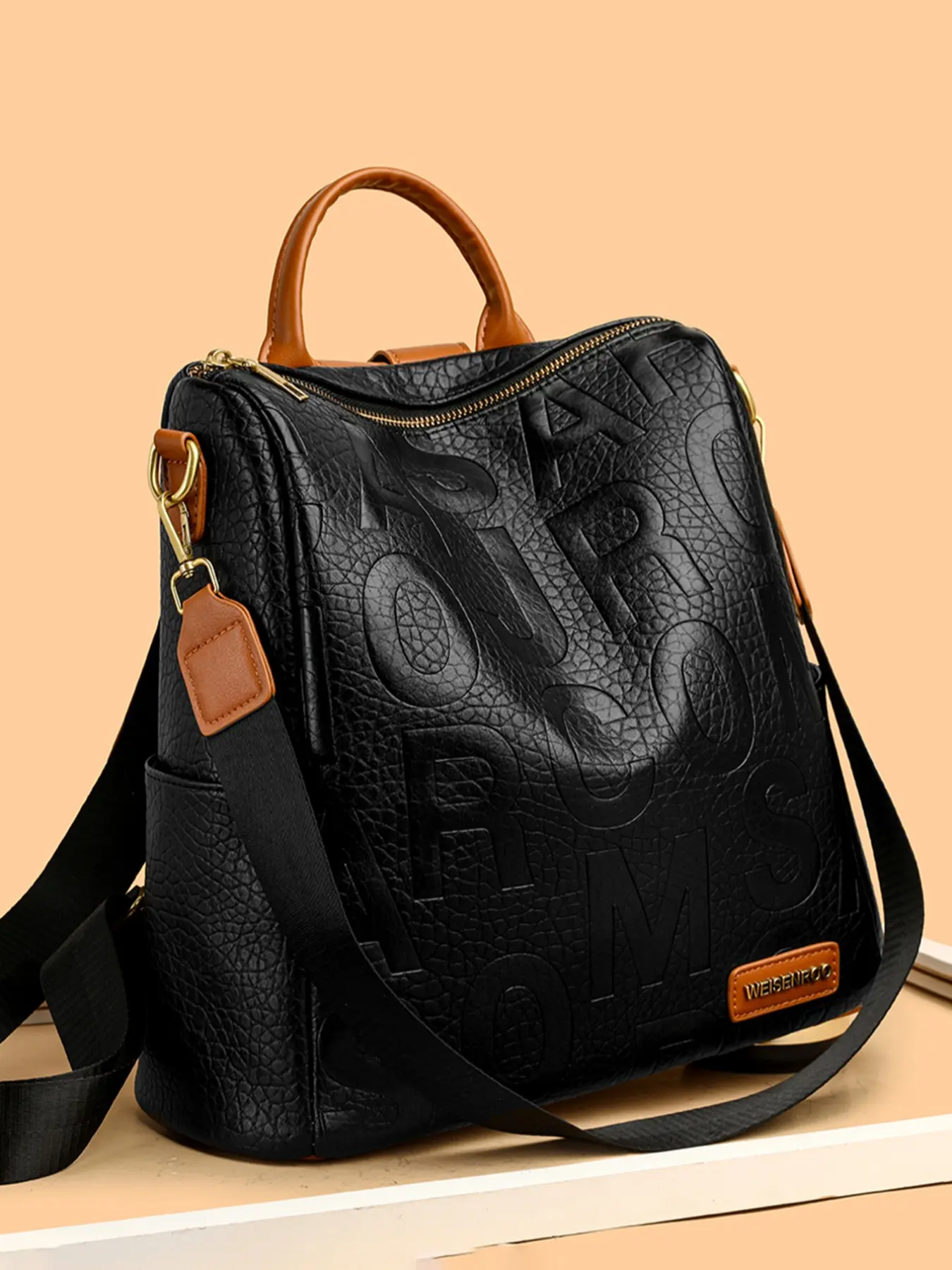 Fashion Colorblock Letter Pattern Backpack, Casual PU Leather Zipper Backpack for Women, Trendy Versatile Commuting Backpack for Daily Use, Casual Daypack Backpacks, Backpack Bags