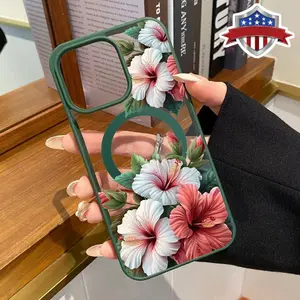 Tropical Hibiscus Pattern Magnetic Phone Case Supports Wireless Charging for iPhone 15 16 14 Pro Max 13 12 11 XR XS E Plus Shockproof Non Slip Protection Silicone Transparent Acrylic Cover Cellphone Protective
