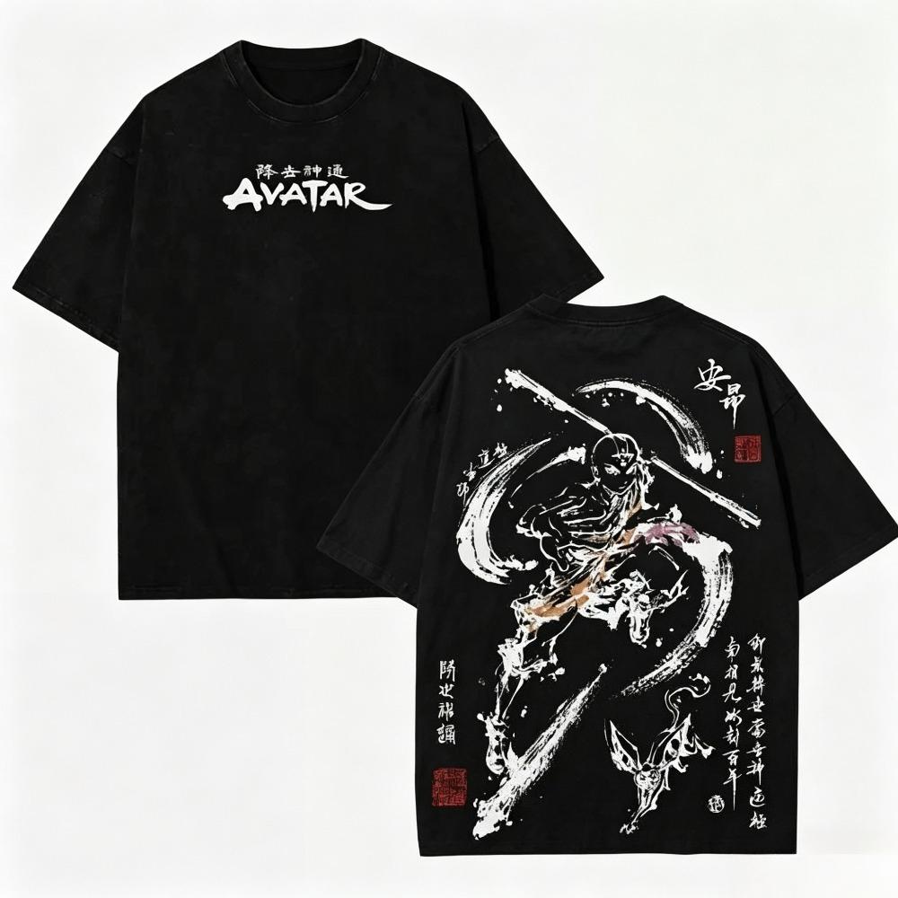 Aang Shirt Avatar the Last Airbender Animated Vintage T-Shirt Menswear Top Underwear The Last Air Nomad Anime Double Printed Washed Tee Unisex Oversize Streetwear - Oversized