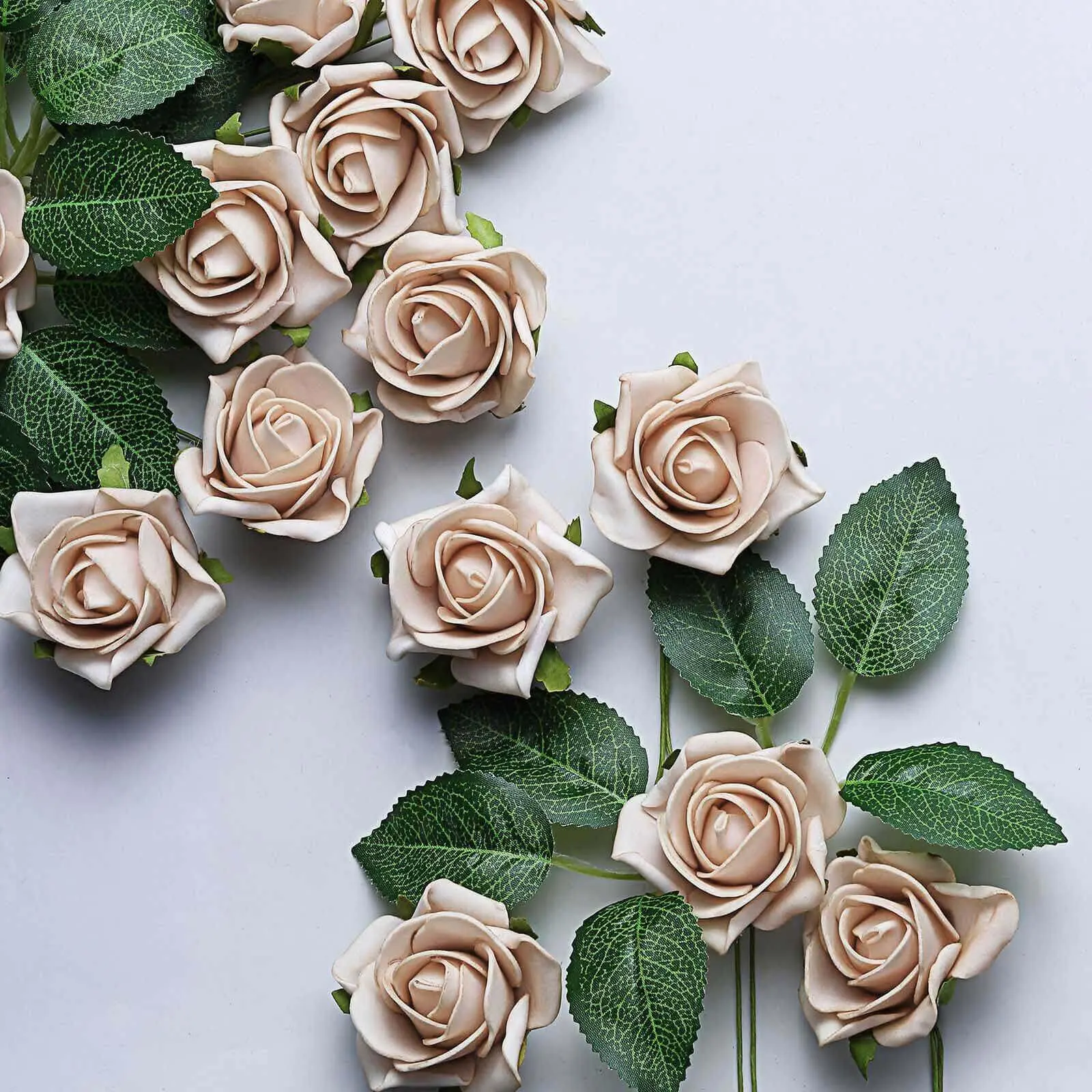 24 2" Champagne Artificial Foam Roses with Stem Wire & Leaves - Decorative Flower Foam Bouquet, Artificial Bouquets for Home Decor, Wedding Accents, DIY Projects (Packaged in Cardboard Box)
