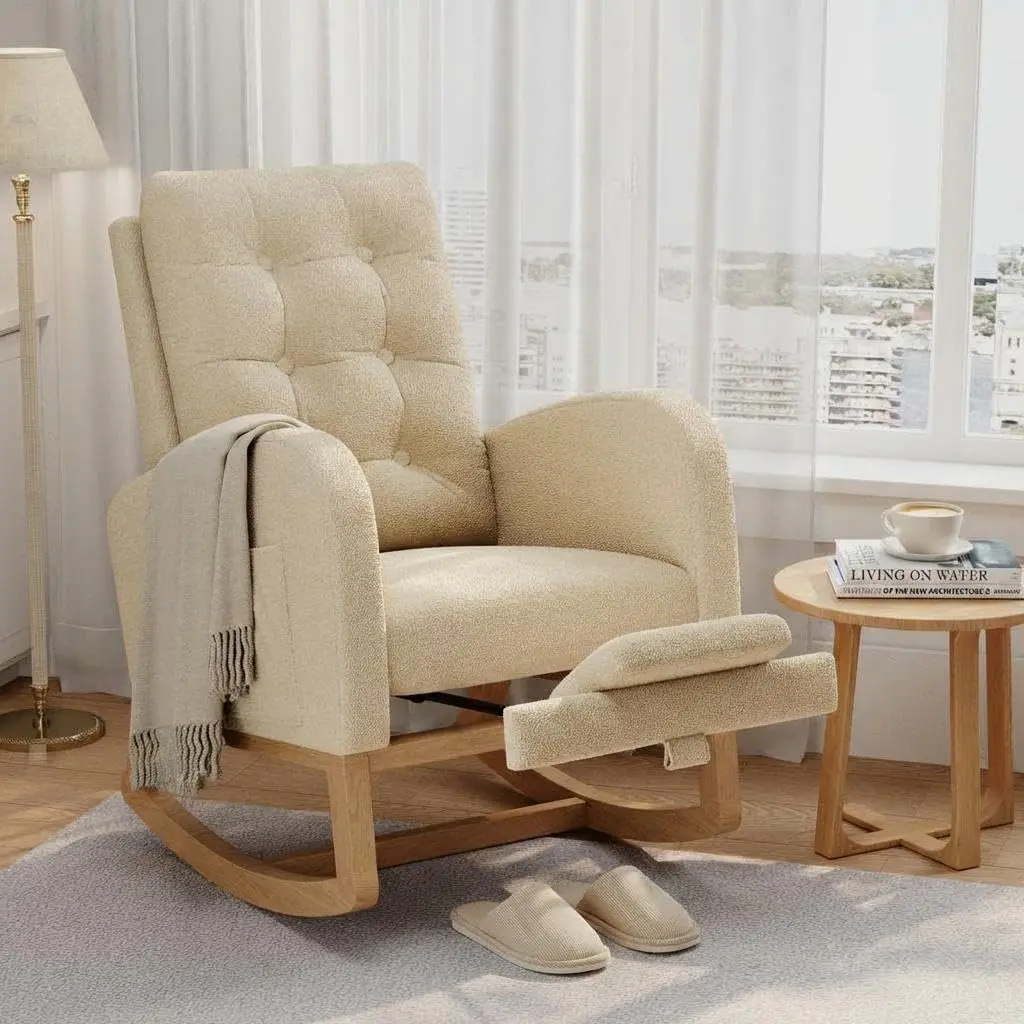 Modern Rocking Chair for Salon, Padded Glider Rocker Rocking Accent Chair, Padded Seat with High Backrest, Comfy Side Chair, for Hairdressing, Nursing Room, Bedroom, Champagne Color