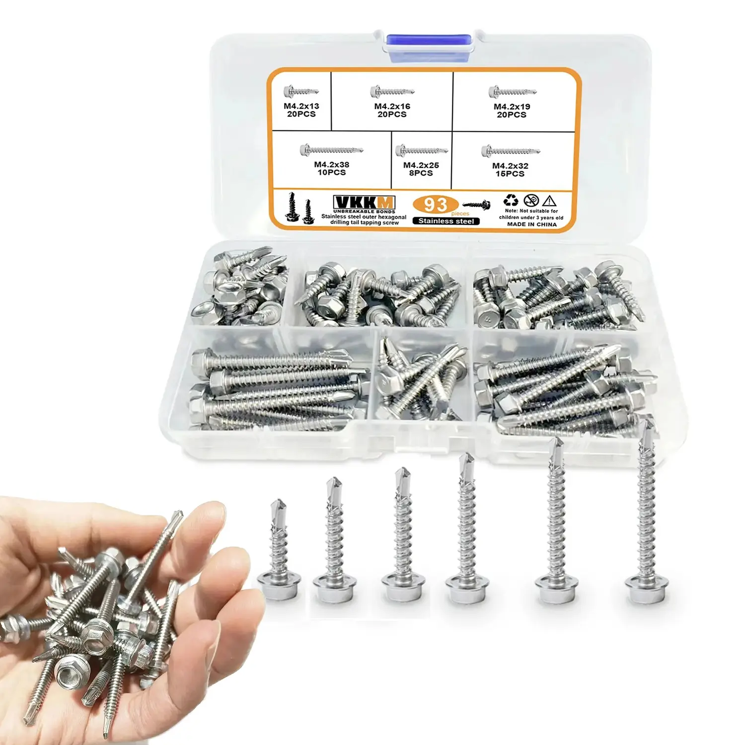 VKKM 93Pcs #8 (M4.2) Hex Washer Head Self Drilling Screws Assortment Kit, 410 Stainless Steel Self Drilling Tapping Screws in 6 Sizes for Metal Sheets, Roofing, Window Frames, Siding & General Construction Repair