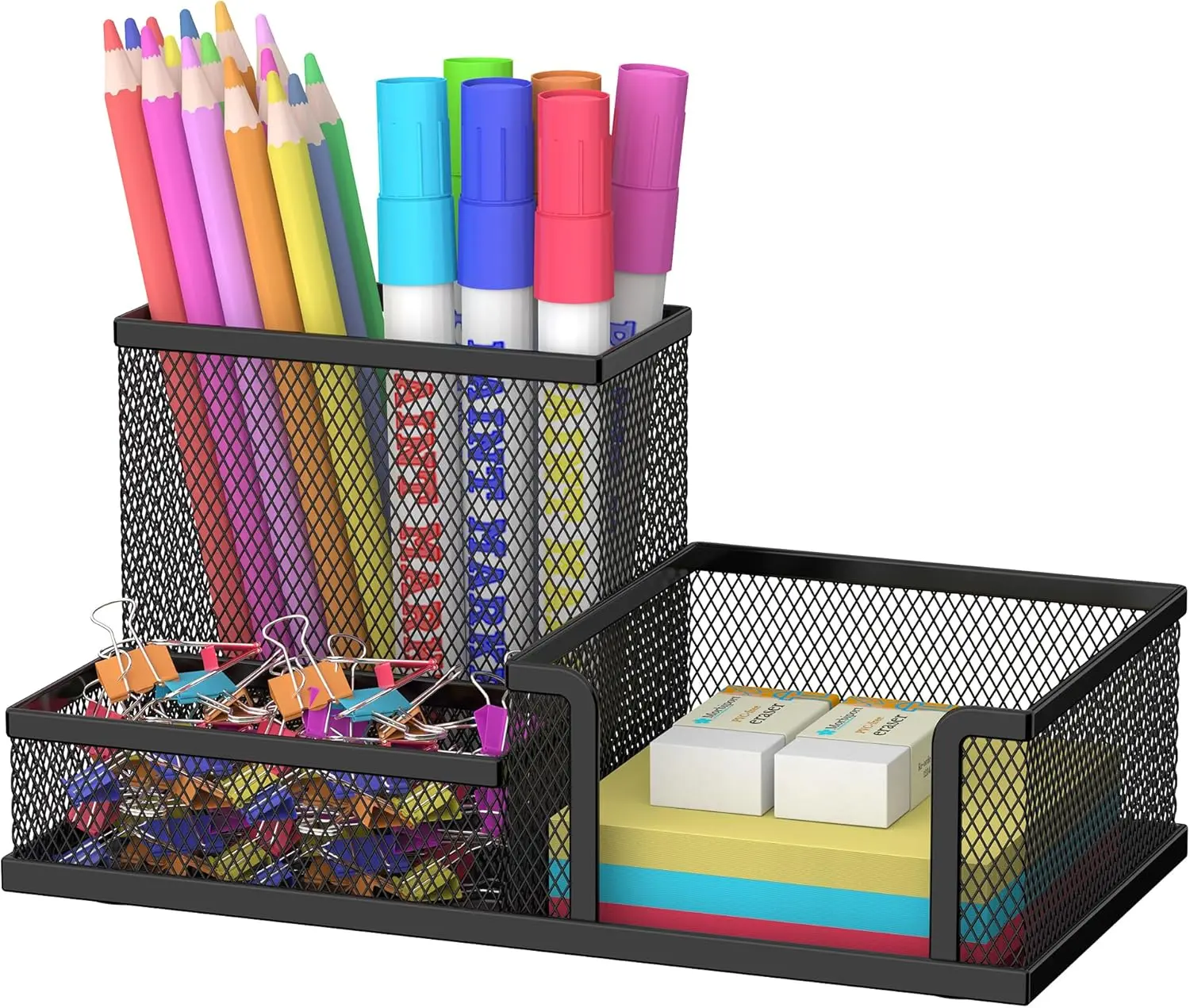 Pen Holder Desk Organizer, Office Supplies Pencil Holder with 3 Compartments, Desk Accessories and Workspace Organizers for  School, Black