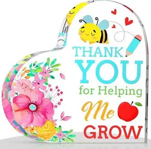 Acrylic Heart Paperweight Teacher Gift,  "Thank You for Helping Me Grow" Keepsake, Meaningful Appreciation Gift for Birthday Teachers' Day Retirement
