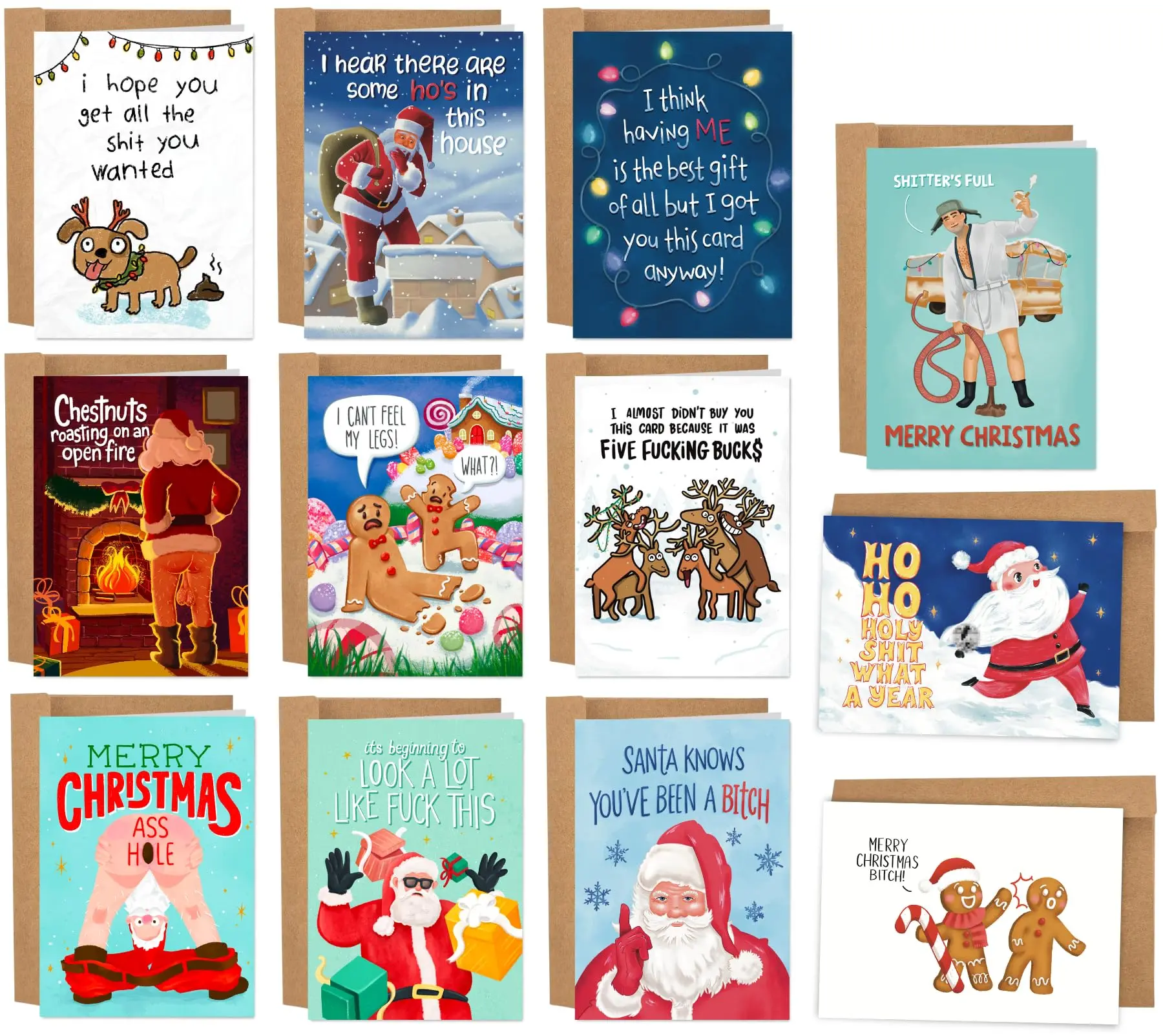 Sleazy Greetings Hilarious Assorted Bulk Christmas Cards - Funny Variety Pack with Envelopes for Adults