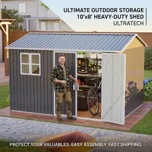 Outdoor Storage Shed 10x8 Steel Garden Shed with Window and Lockable Doors Heavy Duty Metal Tool House for Backyard Patio Lawn Organization Waterproof Sloped Roof Oversized Storage Unit Dark Gray Outside Building Kit