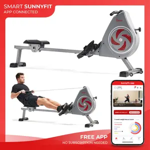 Sunny Health & Fitness Dynamic Air Rower, Home Gym Workout Fitness, 44.5" Slide Rail, Non-Slip Handles & Foot Straps, Performance Monitor, Compact Upright Storage