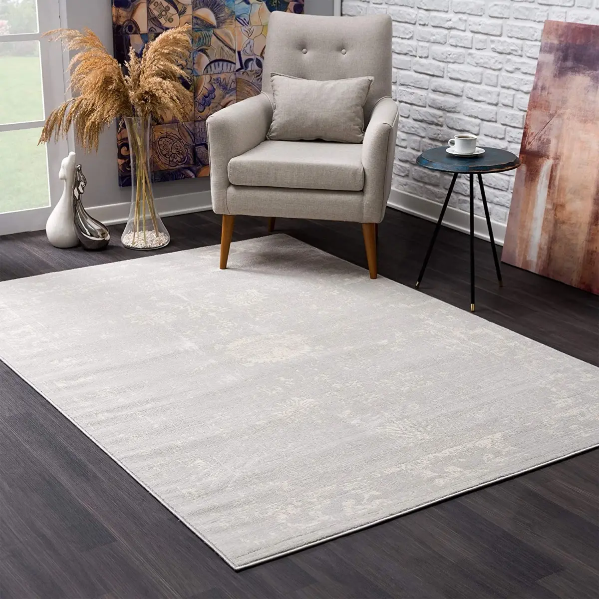360 Stand 2 x 3 ft. Modern Distressed Abstract Print Scatter Rug, Grey, Medium Pile, Stain Resistant, Vintage Vibe, Indoor Use, Contemporary Rugs, Home Decor Rugs
