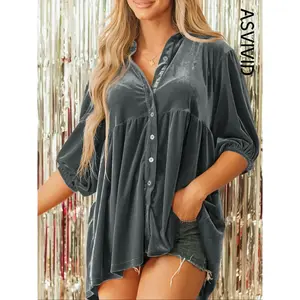 Women's Plain Bishop Sleeve Button Front High Low Hem Velvet Shirt, Casual Comfy Half Sleeve Collared Blouse for Spring & Fall, Ladies Basic Clothes for Daily Wear Style, Top, Womenswear