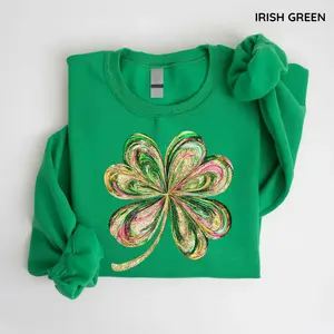 Retro Shamrock Sweatshirt – Women’s Shenanigans St. Patrick’s Day Crewneck, Lucky Irish Four Leaf Clover Gift