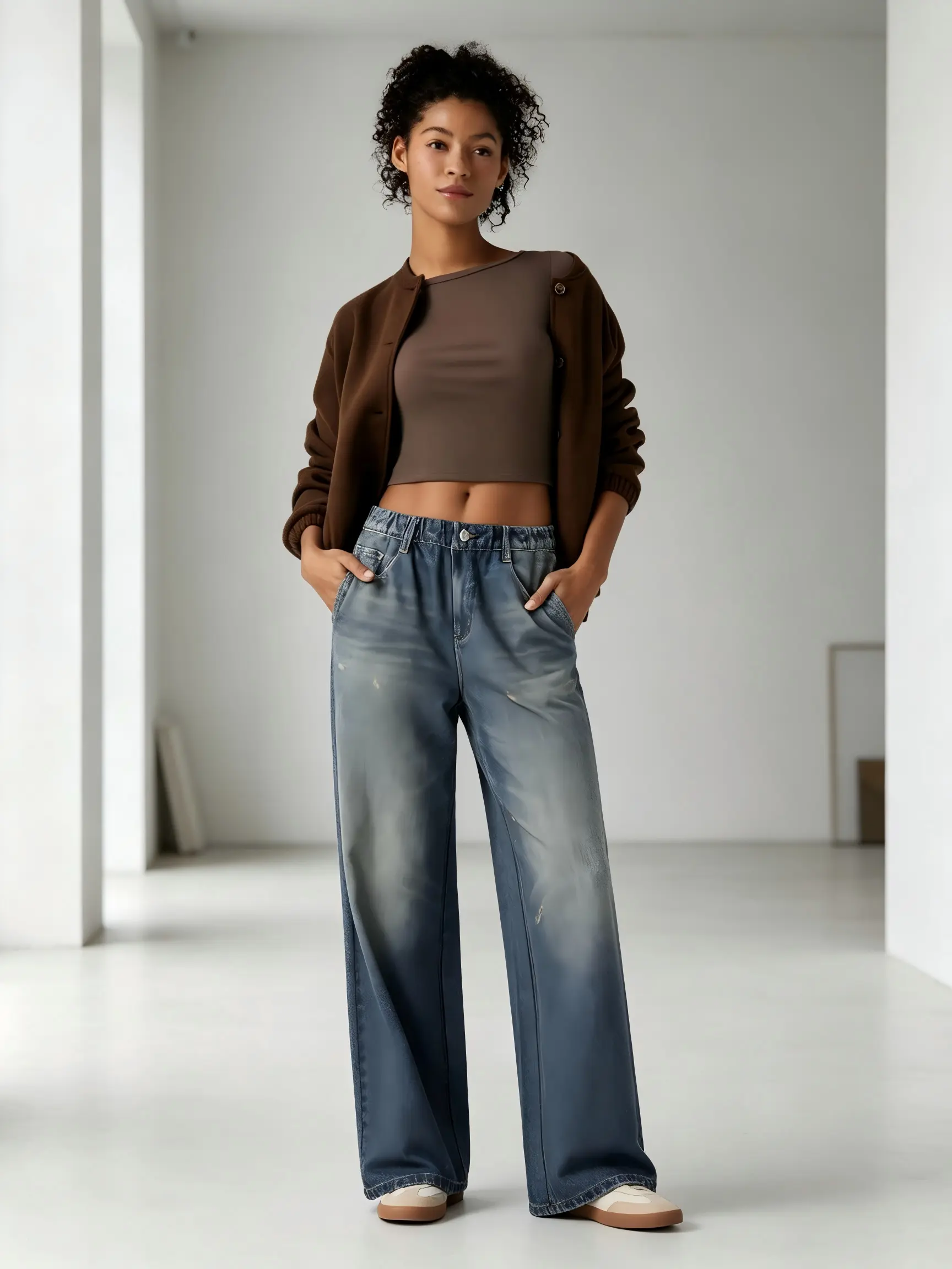 Mid Rise Denim Print French Terry Casual Sweatpants Jeans with Pockets