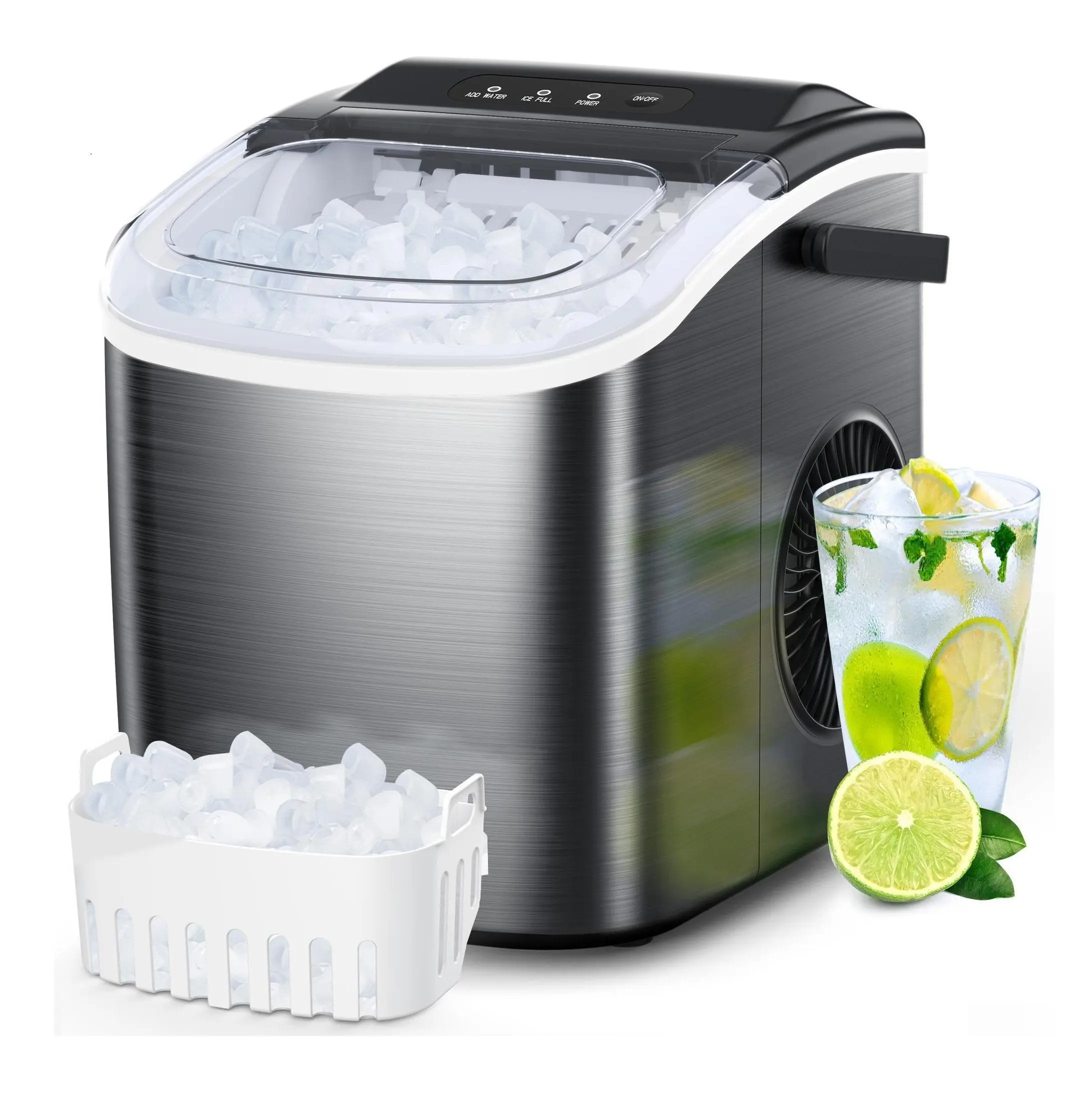 COWSAR Countertop Ice Cubes Maker - Stainless Steel or ABS Plastic, 26.5lbs/24Hrs, 6 Mins/9 Pcs Bullet Ice, Self-Cleaning, Portable for Kitchen, RV