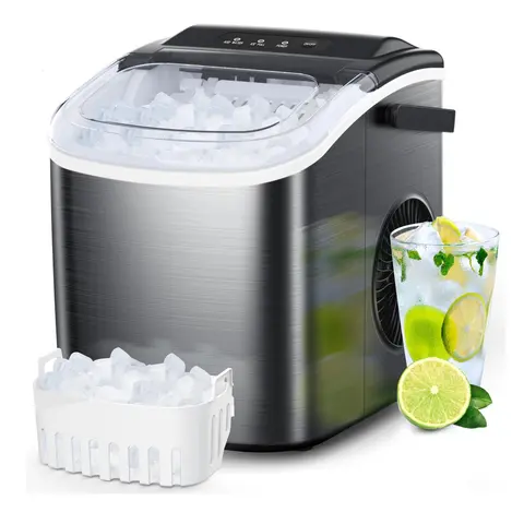 COWSAR Countertop Ice Cubes Maker - Stainless Steel or ABS Plastic, 26.5lbs/24Hrs, 6 Mins/9 Pcs Bullet-Shaped Ice Cubes, 1.2L, 5s Auto Clean, Full/Low Alerts, Portable 14.74lbs Kitchen Appliance for Kitchen, Bar, 12.3d-9.88w-12.6h in