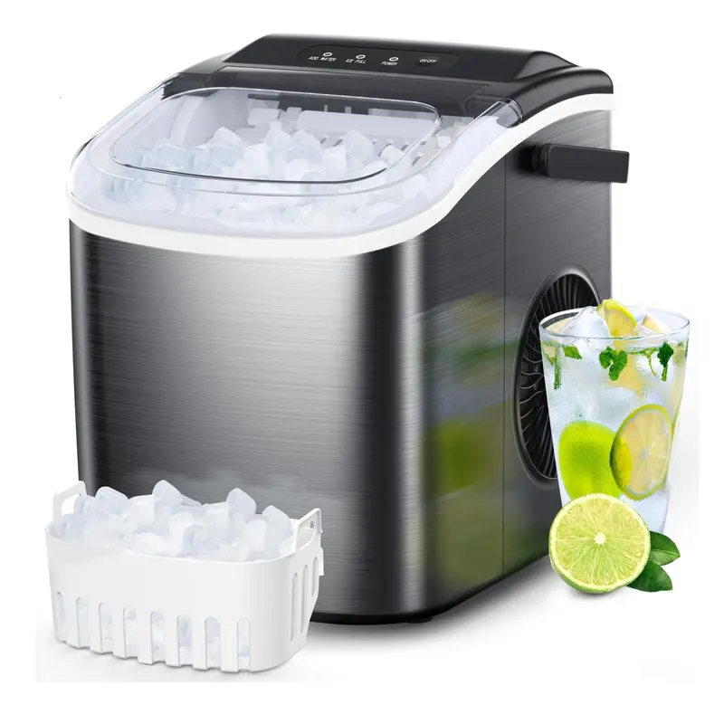 COWSAR Countertop Ice Cubes Maker - Stainless Steel or ABS Plastic, 26.5lbs/24Hrs, 6 Mins/9 Pcs Bullet-Shaped Ice Cubes, 1.2L, 5s Auto Clean, Full/Low Alerts, Portable 14.74lbs Kitchen Appliance for Kitchen, Bar, 12.3d-9.88w-12.6h in