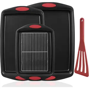 5-Piece Nonstick Baking Pans Set - Premium Carbon Steel Bakeware with PFOA/PFOS/PTFE-Free Coating, Red Silicone Handles (Black Red)
