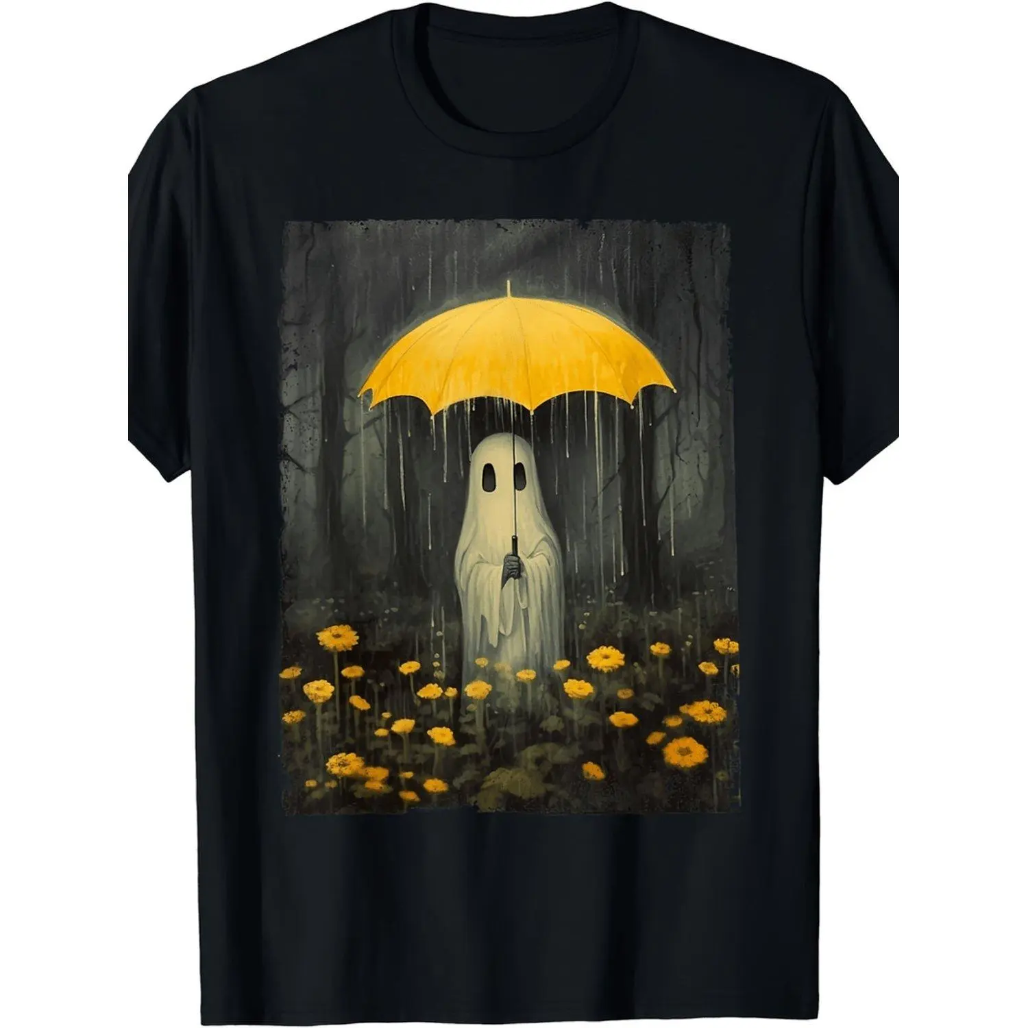 Gothic Halloween Black Casual Streetwear in Forest Yellow Umbrella Orange Flowers Design All Season Comfort Machine Washable Halloween Clothes Casual Attire Street Style Breathable T Shirt