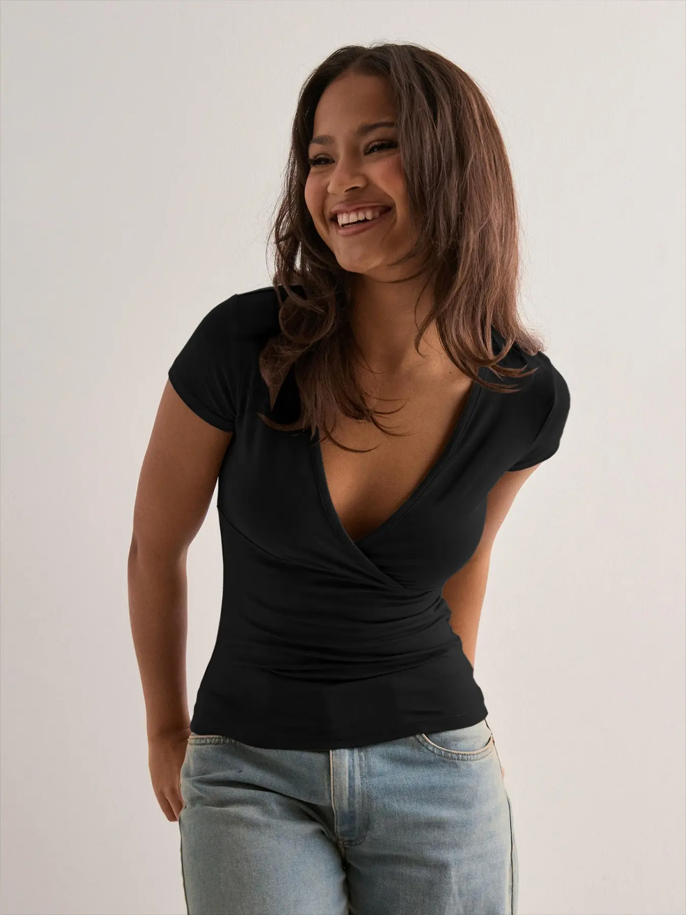 Women's Summer Tops, Short Sleeve Slim Fitted, Deep V Neck, Cross Wrap Tunic T-Shirt, Side Ruched Shirring Tees, Casual, Fashionable and Comfortable