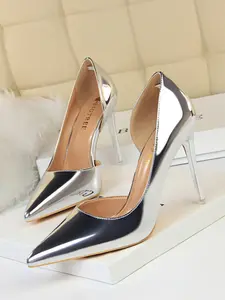 Mirror Metal Stylish Elegant Classy Pointed Toe Stiletto High Heels, Slimming Side Cut Design, Casual Spring & Fall Shoes, Perfect for Street Style and Parties