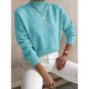 [Elegant Pullover Sweater] Elegant Women's Solid Color Mock Neck Long Sleeve Drop Shoulder Pullover Sweater