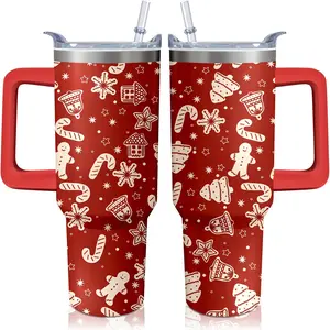 40oz Stainless Steel Insulated Tumbler with Handle and Straw - Lightweight, Portable, Leakproof Kitchenware Flask for Women - Christmas Motifs Gingerbread, Tree, Red Drinkware Holiday Gift