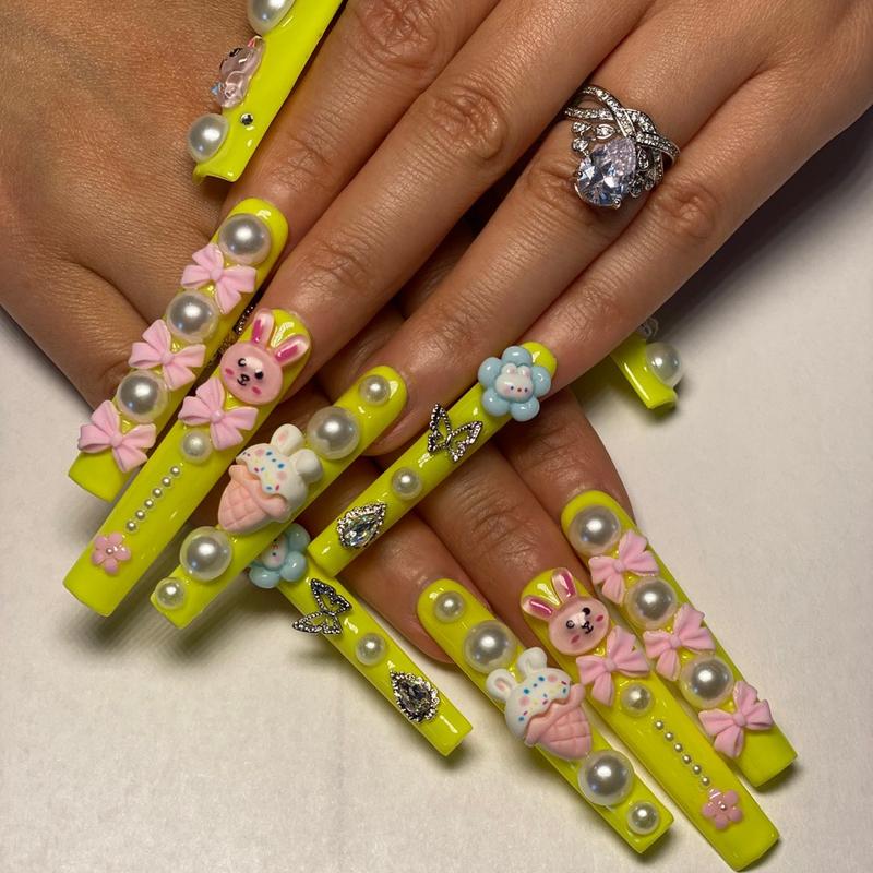 KissMuse | 3DPinkish Cang Bow Tie Press On Nails with Long Coffin, Adorable 3D Flower, Bear & Heart Designs for Easter Celebrations and Daily Elegance