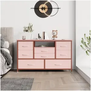 GARVEE 47'' Wide TV Stand with 8 Deep Drawers, Power Outlet & LED Light, Particle Board & Iron Frame, Adjustable Feet, Pink