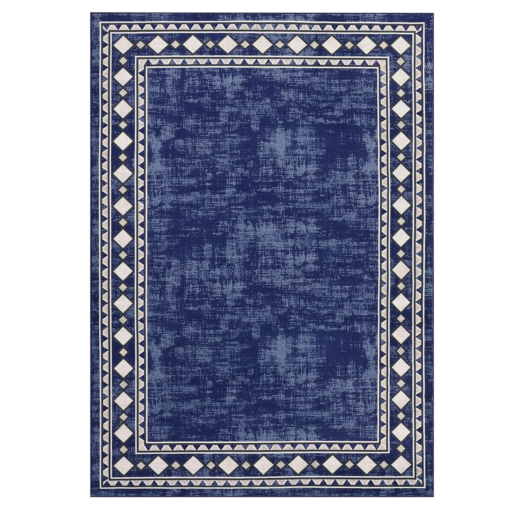 5 x 7 ft Polyester Blue Rectangular Decorative Geometric Border Rug - Low Pile, Stain-Proof, Machine Washable, Rip-Resistant, High Traffic for Living Room, Bedroom, Decorative Rug, Geometric Pattern Rug
