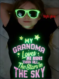 Girls' Creative Cartoon & Text Glow-In-The-Dark T-Shirt, Fitted Short Sleeve Design, All-Season Casual Wear, Random Print Style