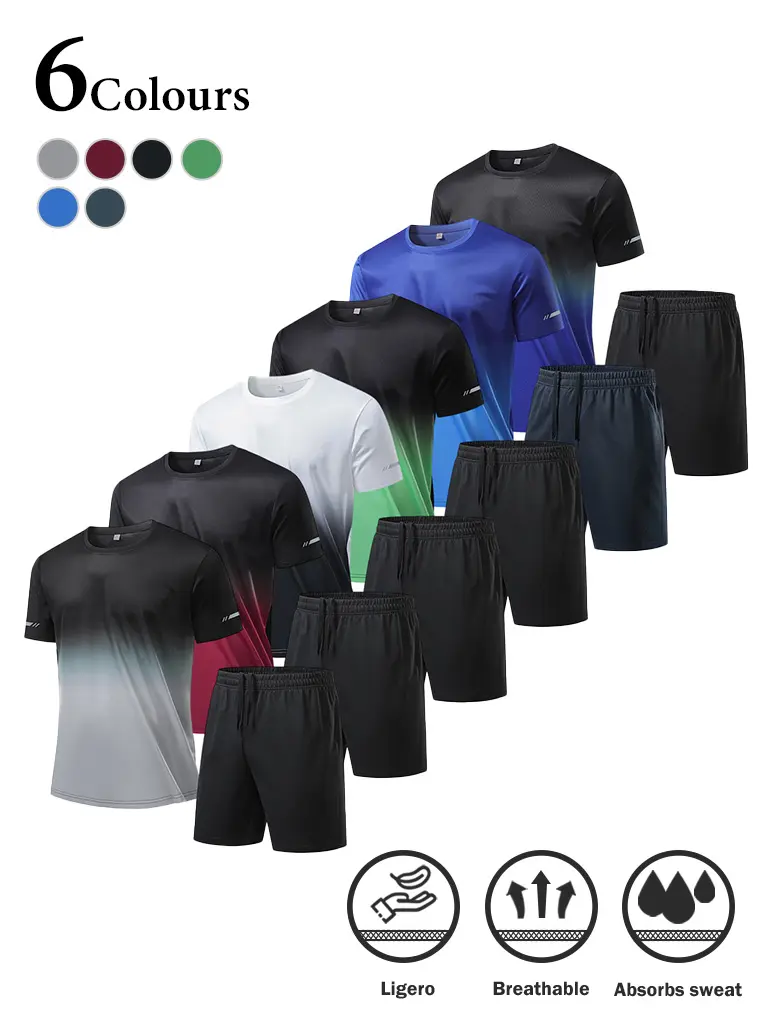 6-Pack Men's Ombre Athletic Outfit Set, Quick-Dry Moisture-Wicking Sportswear for Gym Workout and Running, Men's Outfit Sets, Activewear Men's Sportswear Set