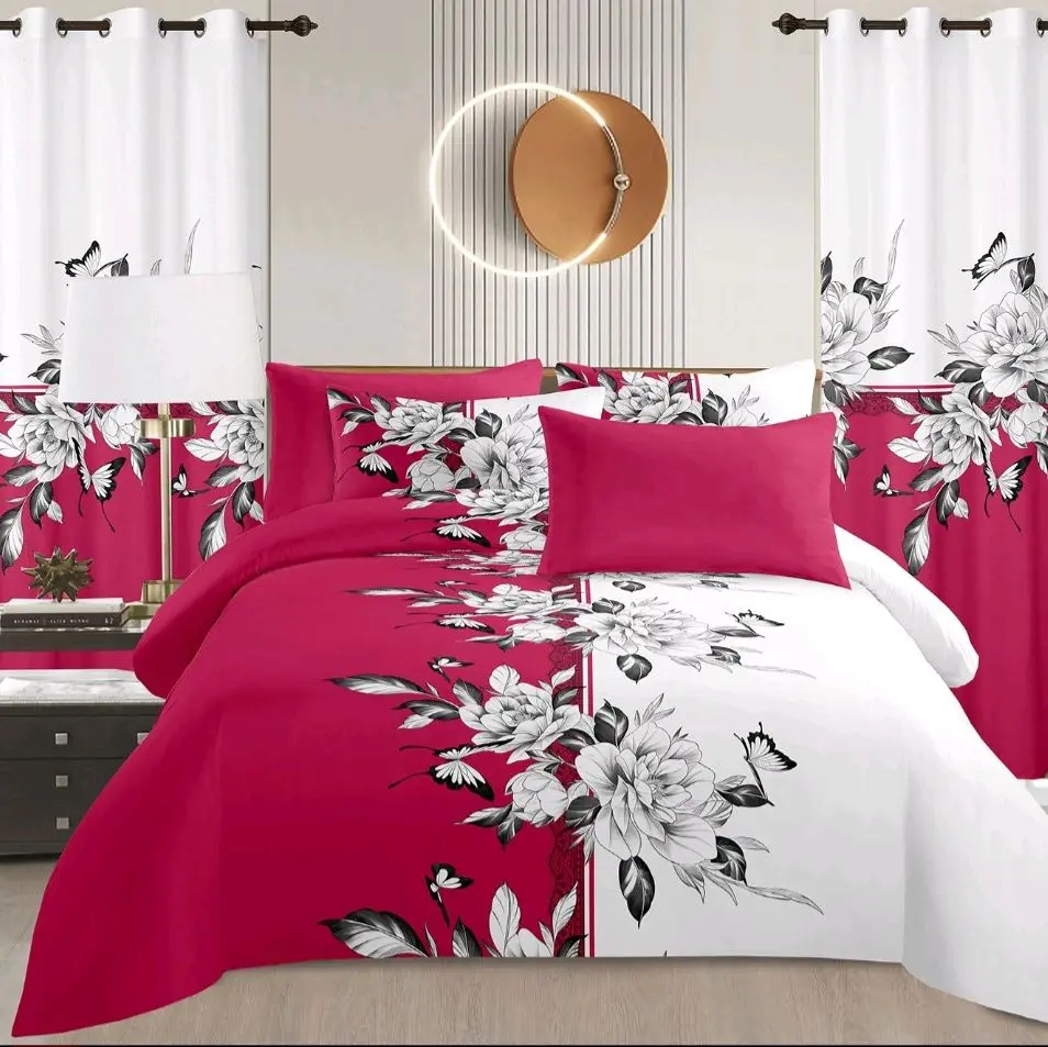 8 pcs bedsheets with flat and fitted with 4 pillow and 2 curtains