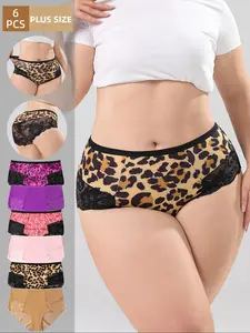 【Plus Size】 Solid / All Over Print Leopard Contrast Lace Panty, Breathable Comfortable Panties for Daily Wear, Women's Underwear for All Seasons