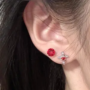 Red Huazi Cross Sparkling Titanium Steel Earrings For Women With Double Ear Piercings, High-end Ear Bone Nails, Japanese And Korean Exquisite Earrings For Women earring stack